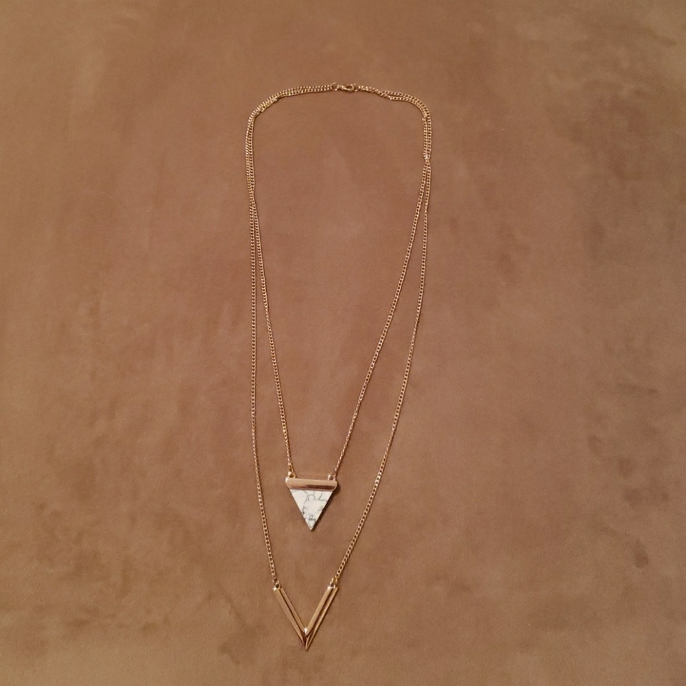 Long Layered Gold Marble Stone and V Necklace